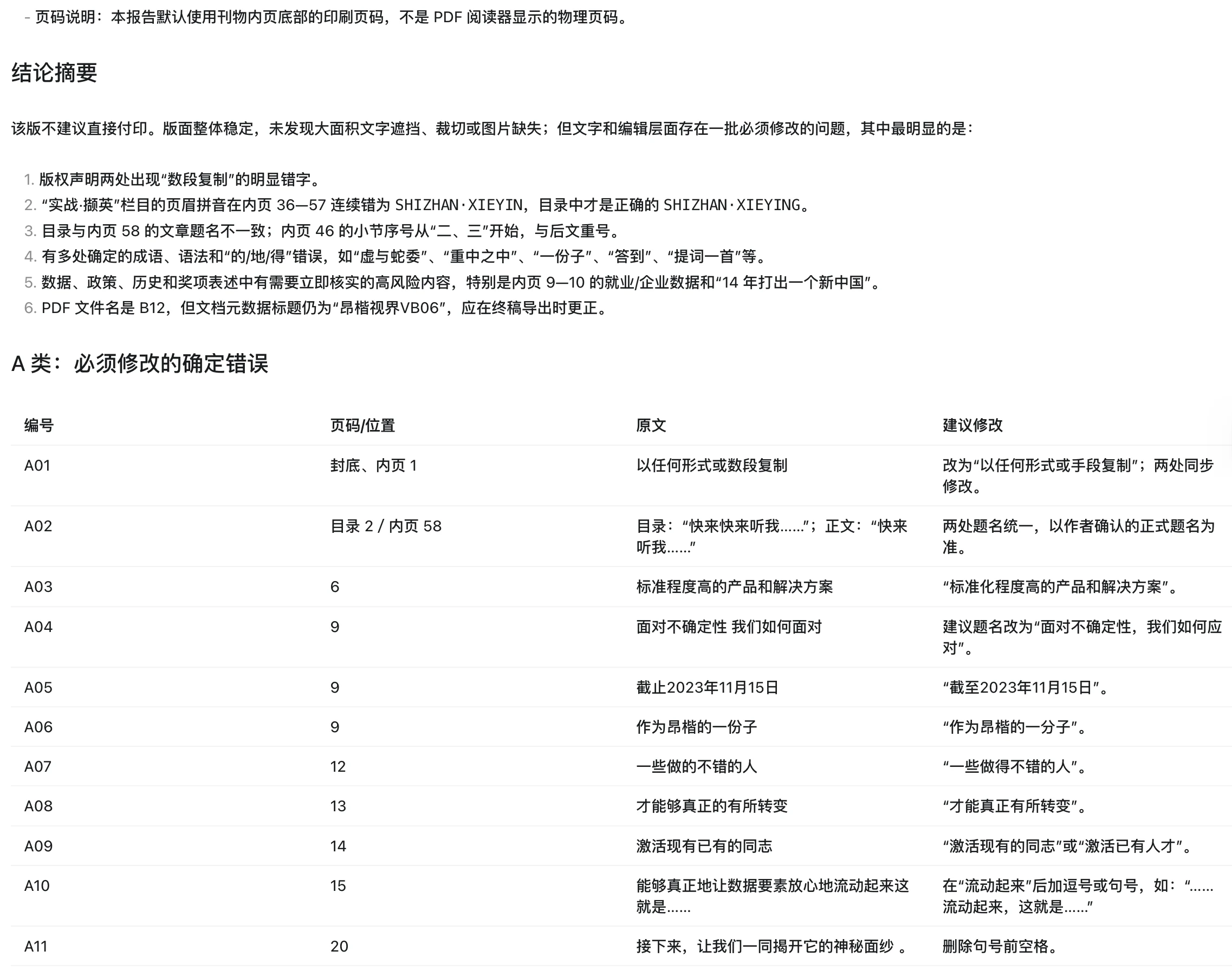 AI 校对报告 A 类错误逐条表，含编号、页码、原文与建议修改