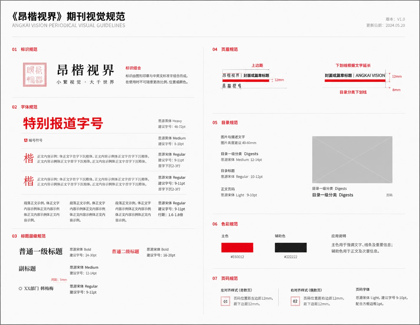 昂楷视界期刊视觉规范，含标识、字体、标题层级、页眉、目录、色彩、页码七项